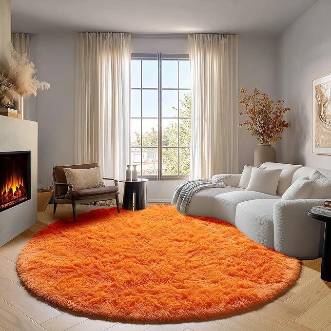ONASAR Orange Round Rugs 5ft for Bedroom Living Room, Fluffy Circle Area Rug - Image 4