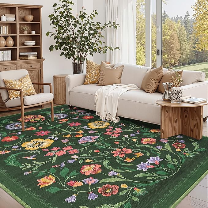 Washable Rug 8x10 Area Rugs for Living Room, Protea Floral Rug for Bedroom by GarveeHome