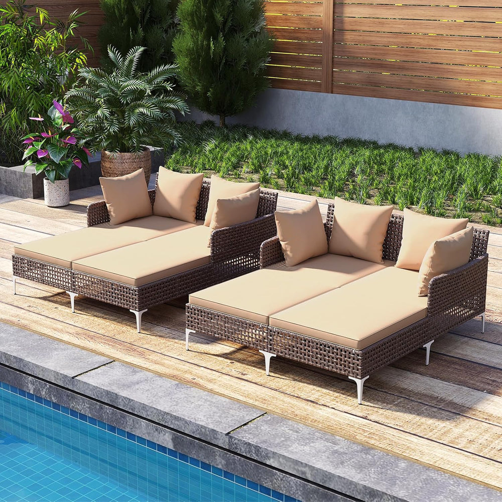 Tangkula Outdoor Rattan Double Daybed, Boho Wicker Chaise Lounge for 2 with S...