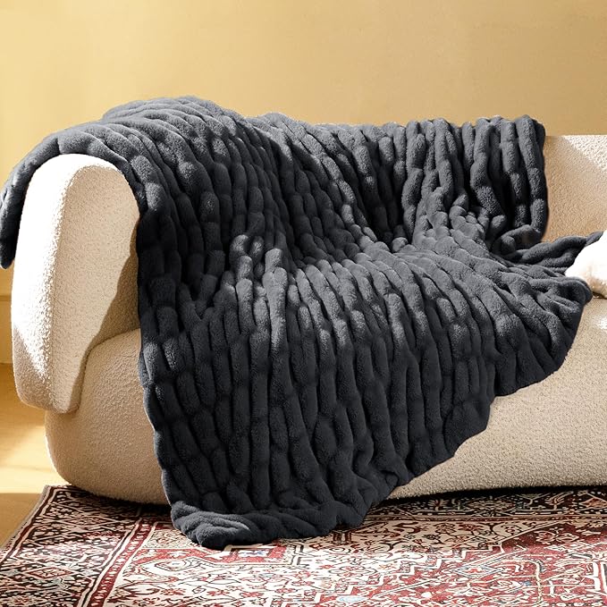 Ultra Soft Cozy Faux Fur Throw Blanket, Fuzzy Plush Thick Bubble Blanket by blunique
