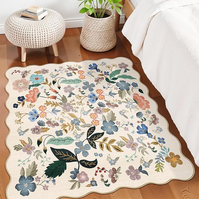 Floral Square Area Rugs for Family: Washable 5x5 Scalloped Carpet for Living - Image 2