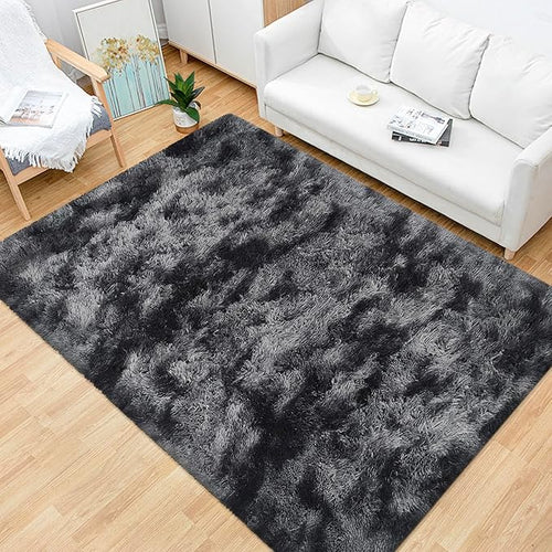 4x6 ft Area Rug for Bedroom Black Grey Tie Dye Fluffy Rug Mat Bedside Throw Rug - Image 2