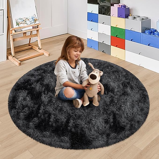 4x4 ft Tie Dye Black Round Rug for Bedroom Room Fluffy Circle Rug Furry Carpet by JiaoBaba