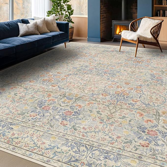 Vintage Washable Beige Blue 10x12 Rug by HazoHaus