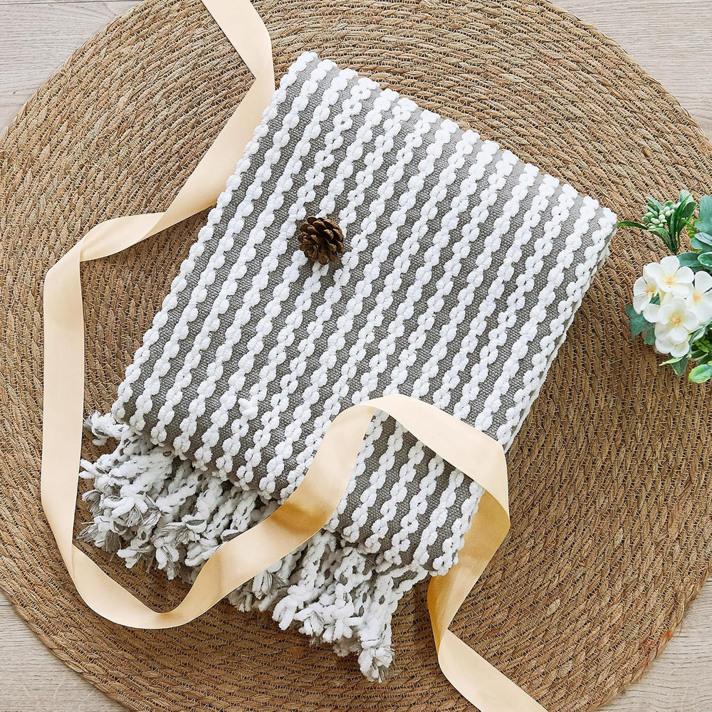 Striped Knit Throw Blanket with Braided Tassels 50" x 60", Hand Kni...