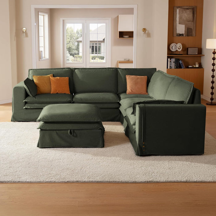 117" Washable Oversize Modular Sectional Sofa Couches for Living Room,Green | Waterproof Performance Fabric, Cloud Couch Sectional with Fully Removable Cover, 5-Seater with Storage Ottoman, V-Shaped