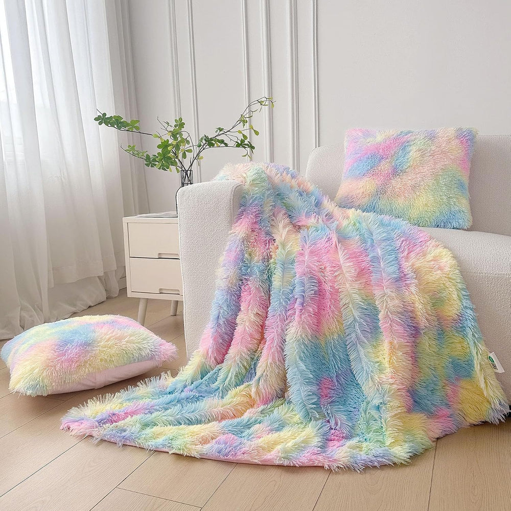 XeGe 3 Pieces Soft Fluffy Faux Fur Throw Blanket Set, Rainbow