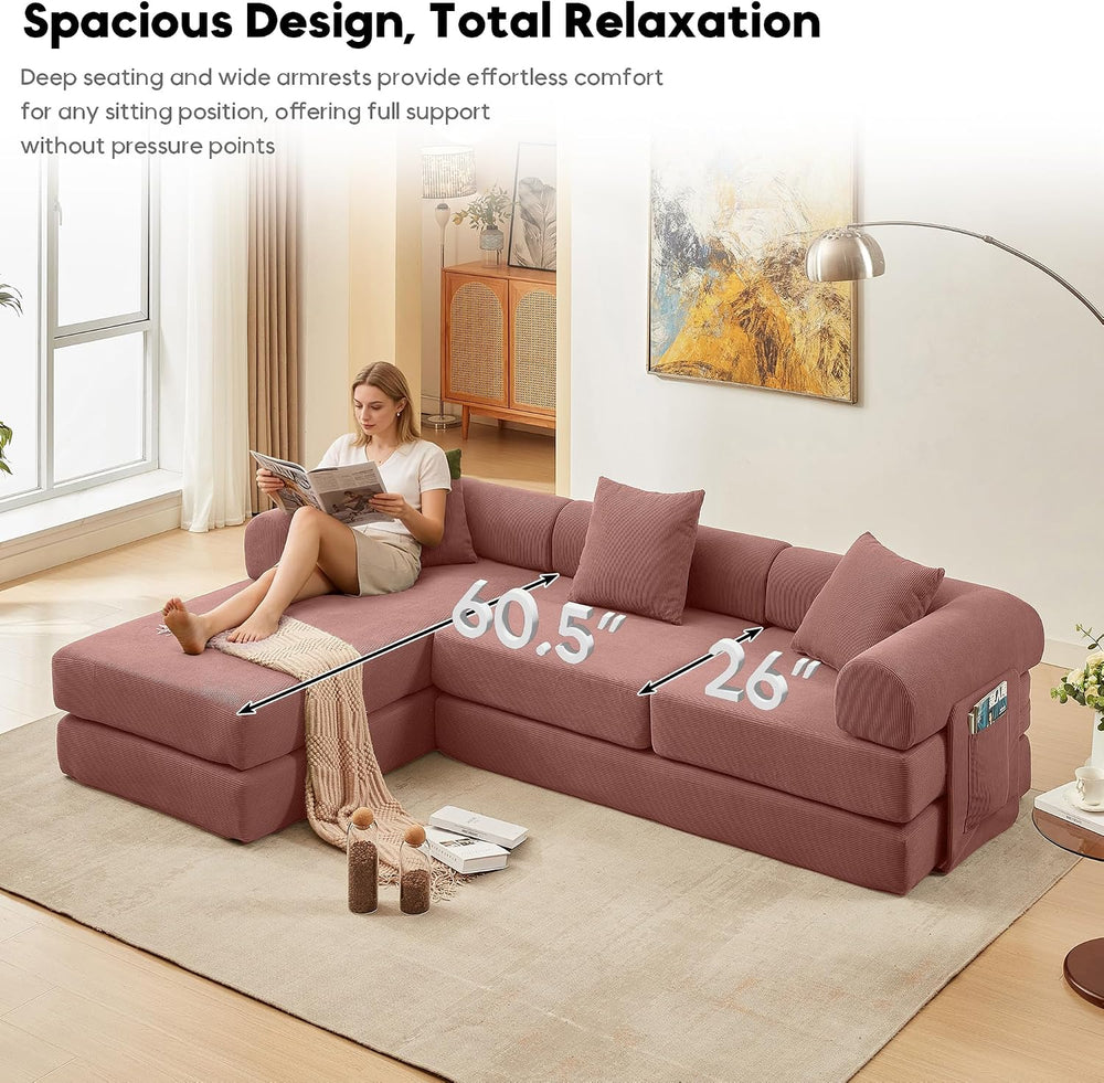 107" Modular Sectional Sofa Bed, L-Shape Corduroy Boneless Couch, Pink
