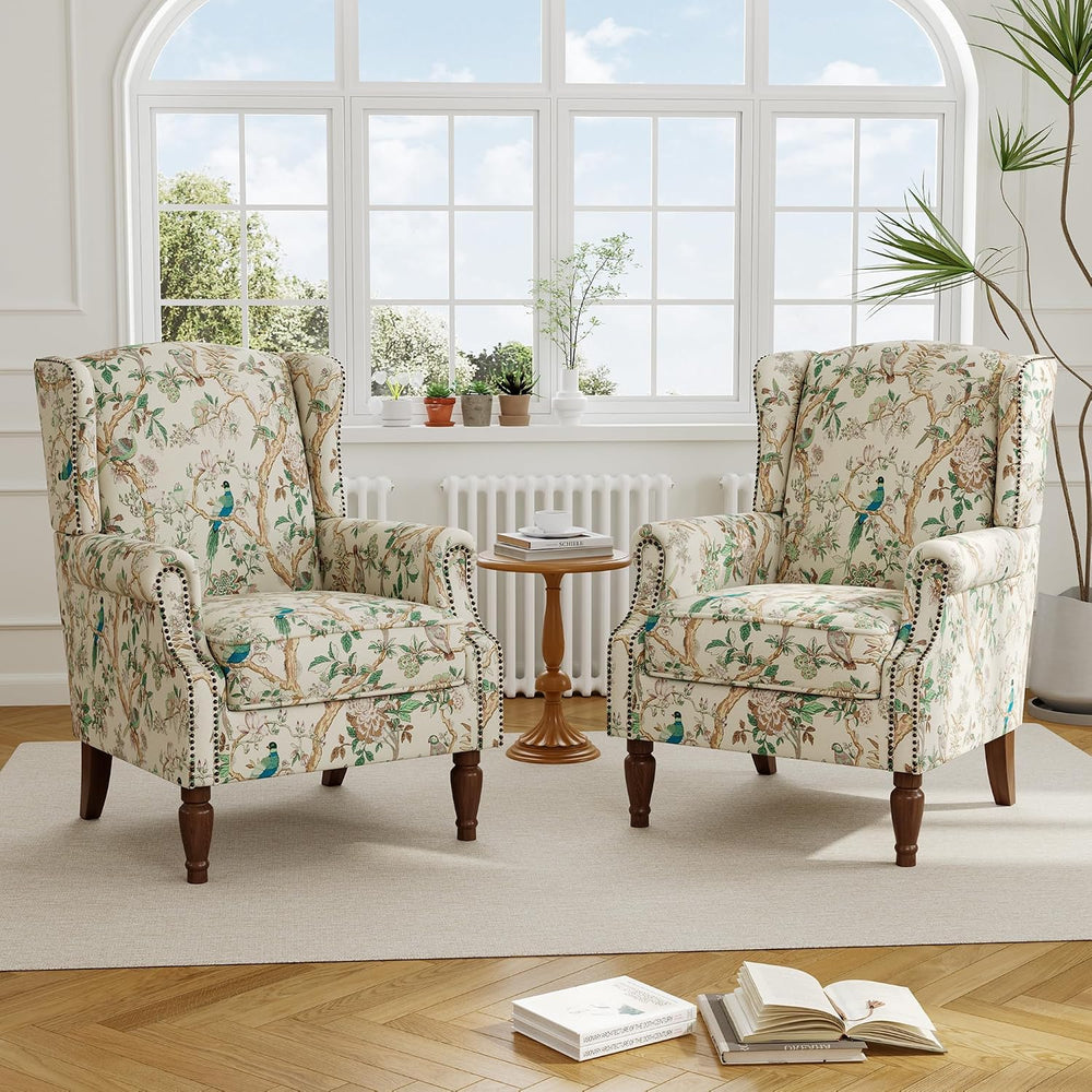 Floral Wingback Accent Chair with Wood Legs, Bird, Set of 1