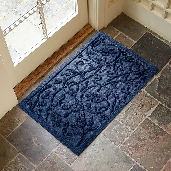 Boho Blue Floral Leaves Outdoor Indoor Entrance Doormats, Absorbent Durable - Image 3