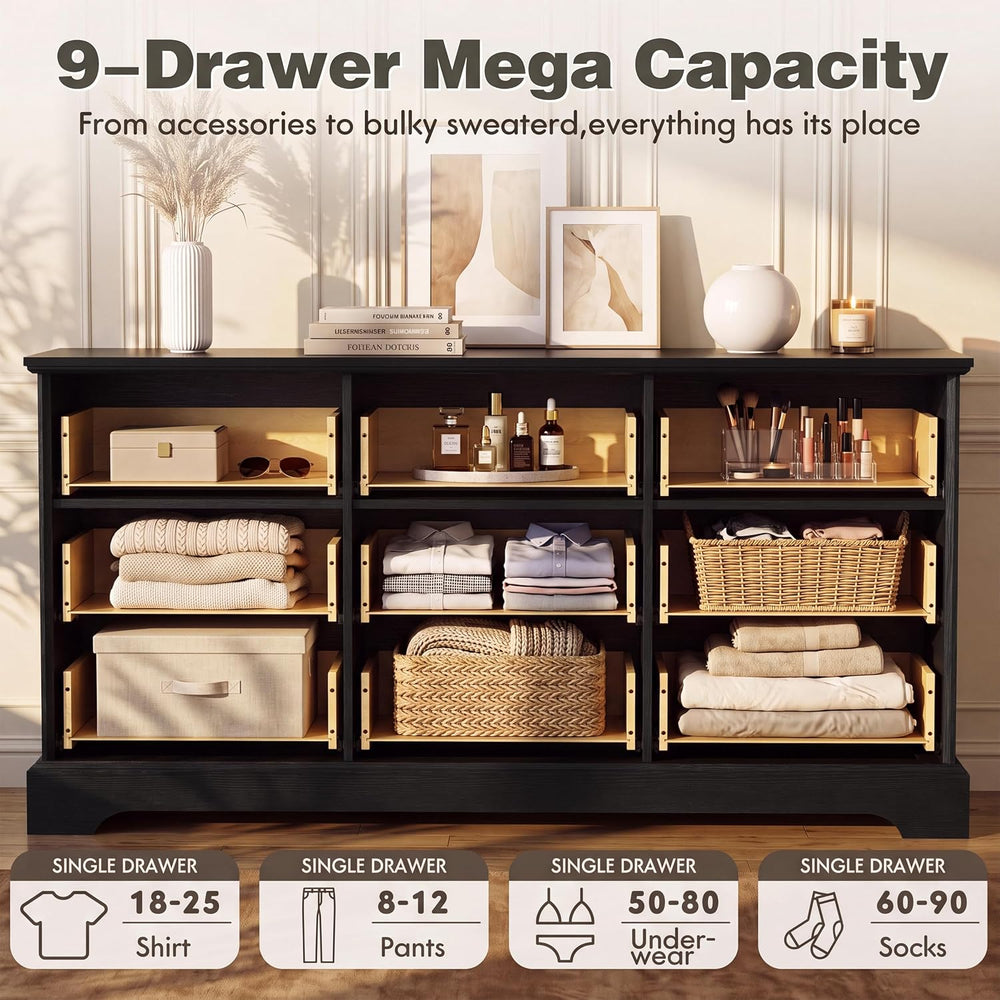 YESHOMY Dresser for Bedroom, 57" Black 9 Drawers Dresser
