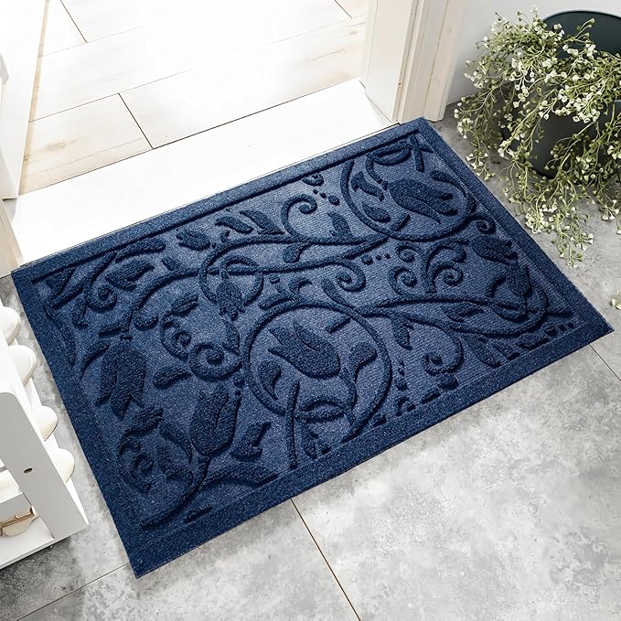 Boho Blue Floral Leaves Outdoor Indoor Entrance Doormats, Absorbent Durable by VivaNest