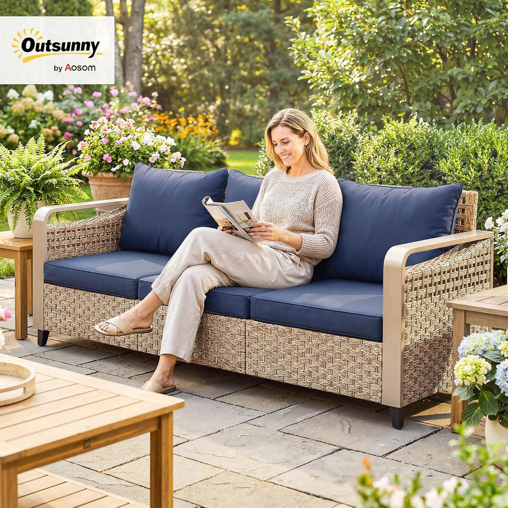 Outsunny Outdoor Patio Couch Wide Deep Seat 3 Seater Wicker Dark Blue
