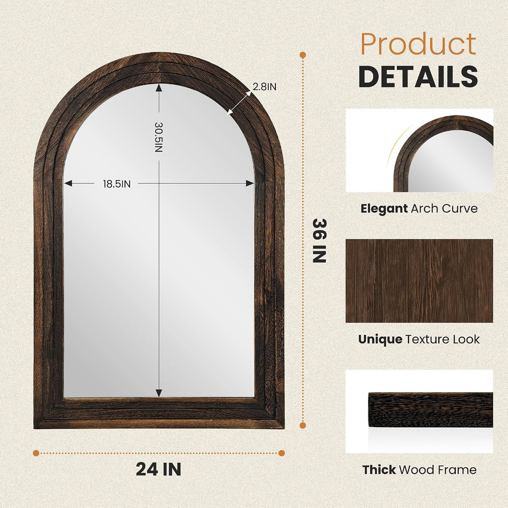 Arched Bathroom Mirror, 36"x24" Brown Wood Frame Wall Mirror