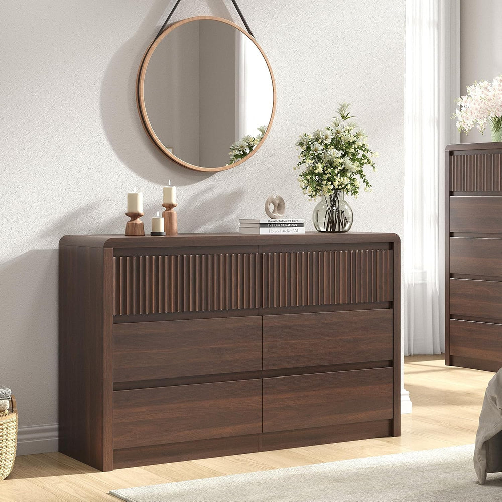 Fluted 6 Drawer Dresser for Bedroom, 50” Wide Dresser & Chest of Drawers ...