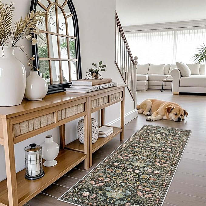 2x6 Washable Hallway Runner Rug: Vintage Floral Kitchen Rugs - Image 6