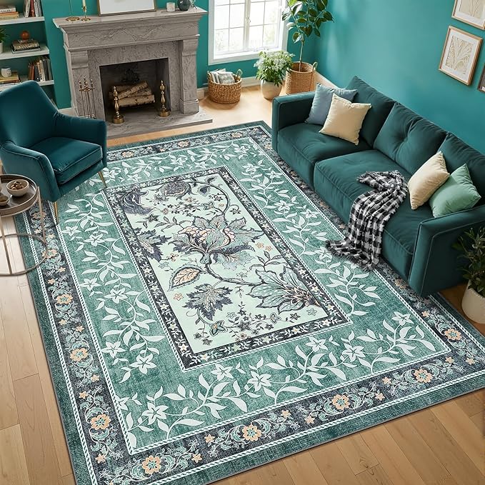 GarveeHome Teal Washable 6x9 Area Rugs, Botanical Grove Vintage Cottagecore - Image 3