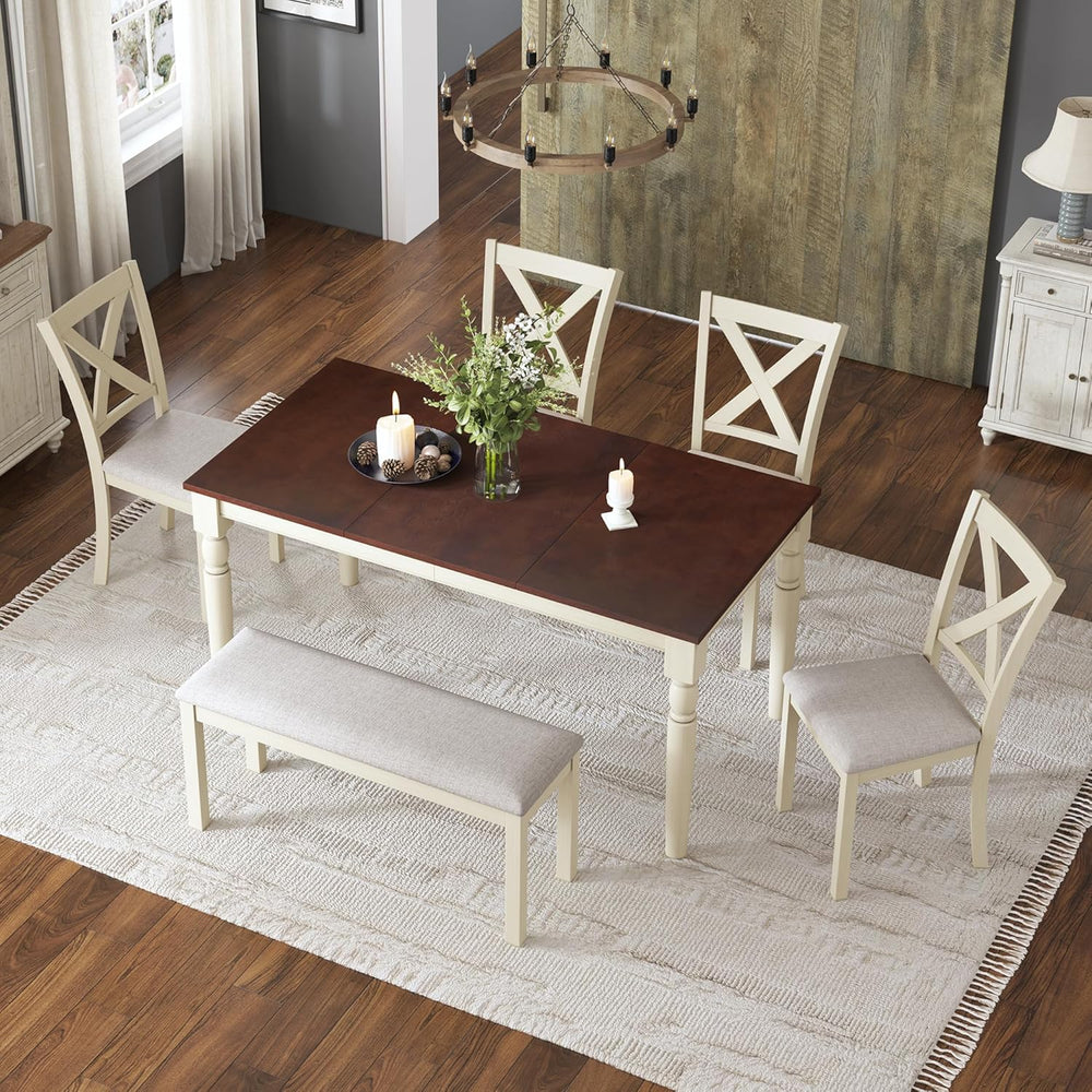 AMERLIFE 6-Piece Farmhouse Dining Table Set for 6-7, 60" Solid Wood Kitc...