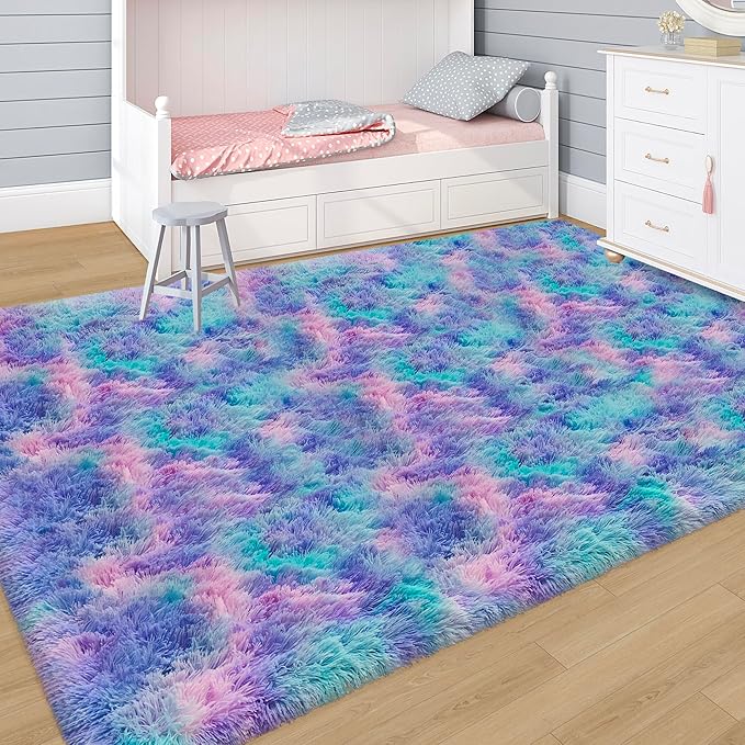 Tie-Dye Purple Rainbow Rug for Living Room 5x8ft Fluffy Modern Shag Area Rug - Image 3
