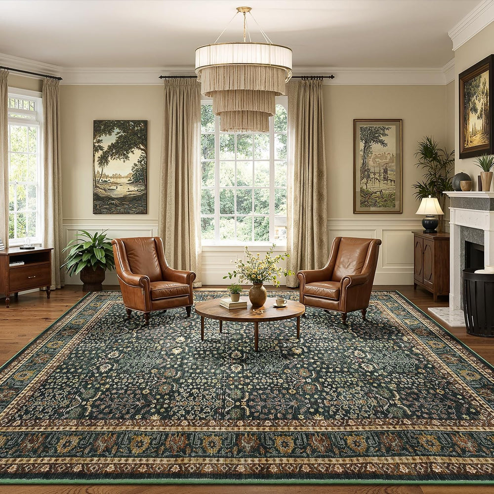 10x14 Washable Area Rug for Living Room, Non-Slip Green Boho Carpet