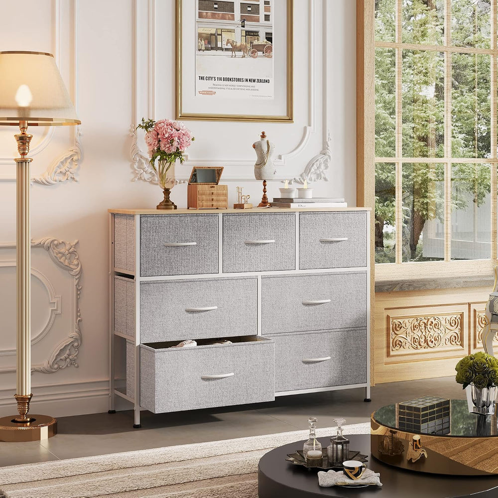 WLIVE Dresser for Bedroom, 7 Drawers, TV Stand, Light Grey