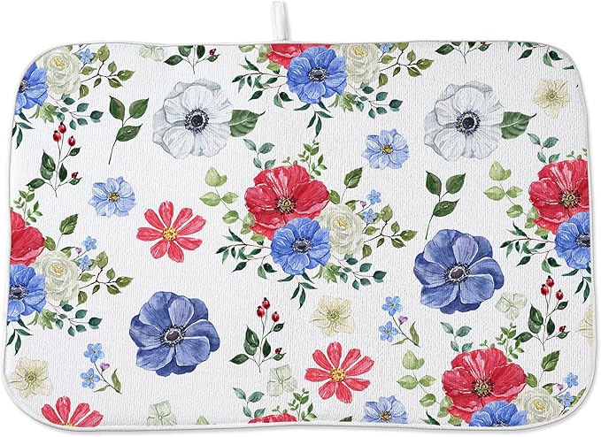Blue Red Floral Dish Drying Mats 18x24 Inch Independence Day Flower Drying Mats by OFIRD