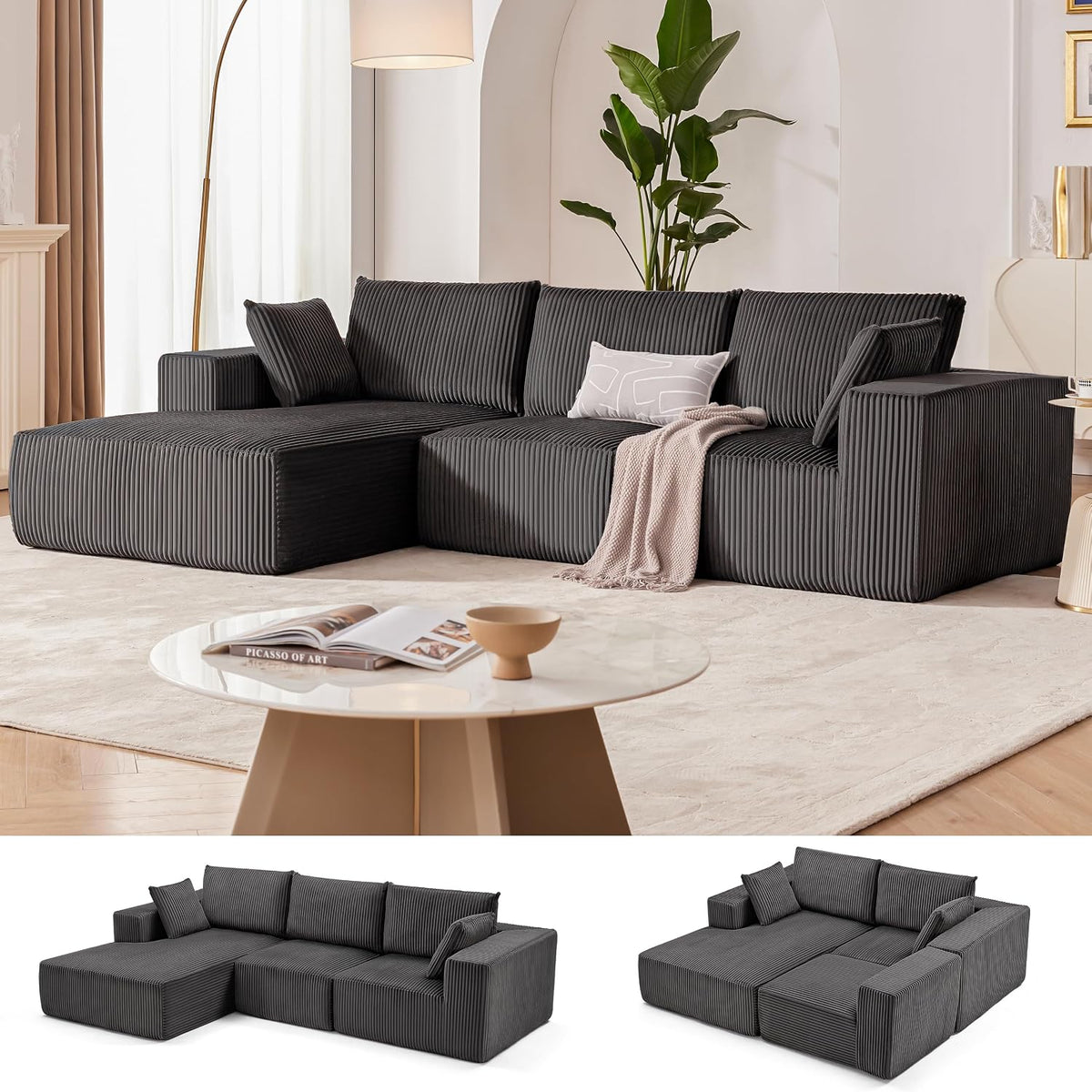 108" Boneless Couch with Chaise, Cloud Sectional Modular Sofa, Darkgrey | Deep Seat Modular Sectional Sofa for Living Room, Upholstered Corduroy Couch for Apartment, Convertible No Assembly Sofa