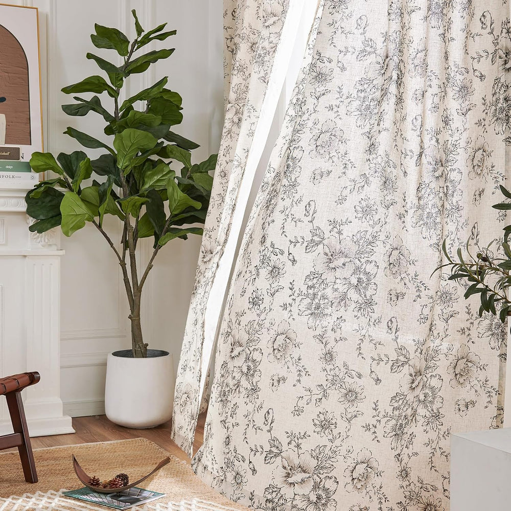 jinchan Floral Linen Curtains 84 Long for Living Room 2 Panels