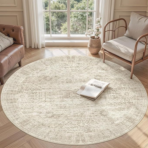 6x6 Beige Round Rug 6ft Living Room Circle Rug Vintage Round Area Rug Non Slip - Image 2