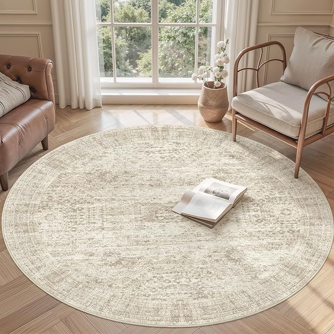 5x5 Beige Round Rug 5ft Living Room Circle Rug Vintage Round Area Rug Non Slip - Image 2