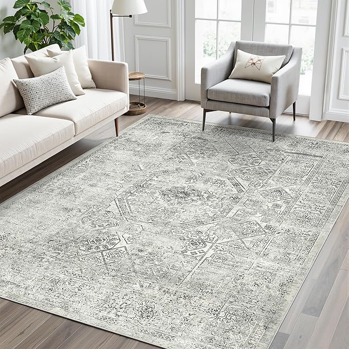 Soalmost 6x9 Area Rug for Living Room Floral Washable Non-Slip Gray Rugs for - Image 9
