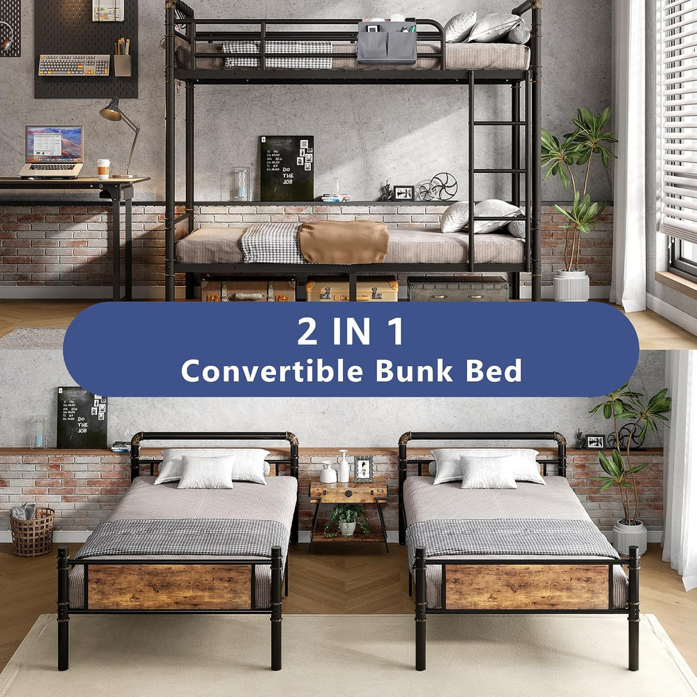 Jocoevol Metal Bunk Bed Twin Over Twin, Industrial Bunkbeds Heavy Duty Bed wi...