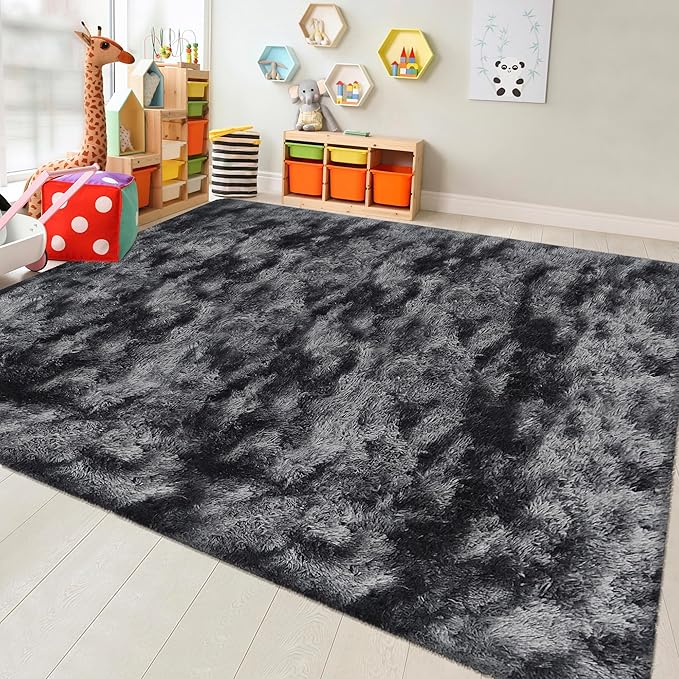 Black Grey Tie-Dyed Rug for Living Room 8x10 Fluffy Area Rug Mat Bedside Throw - Image 2