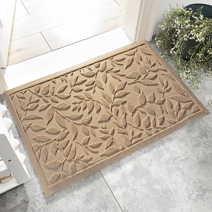Beige Leaves Outdoor Indoor Entrance Doormats, Absorbent Durable Heavy Duty by VivaNest