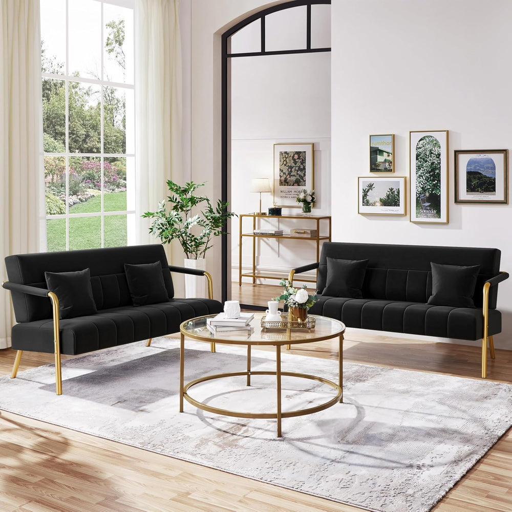 Yaheetech 56.5" Small Sofa 2 Seater Couch with Gold-Tone Legs, Black
