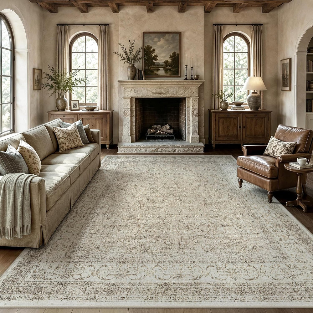 Washable 8x10 Area Rugs for Living Room, Vintage Bedroom Neutral Rug, Beige