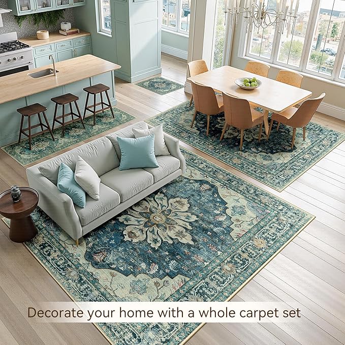 Area Rugs 10'x14' Washable Non-Slip, Floral Vintage Distress Print Pattern - Image 4
