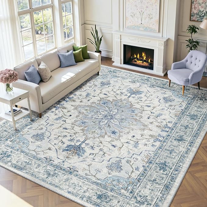RELEANY Area Rugs 9'x12' Washable Non-Slip, Floral Vintage Distress Print by RELEANY