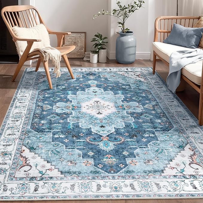 SERISSA Area Rug 4x6 Boho Rugs for Bedroom, Vintage Blue Washable Non Slip Rugs - Image 5