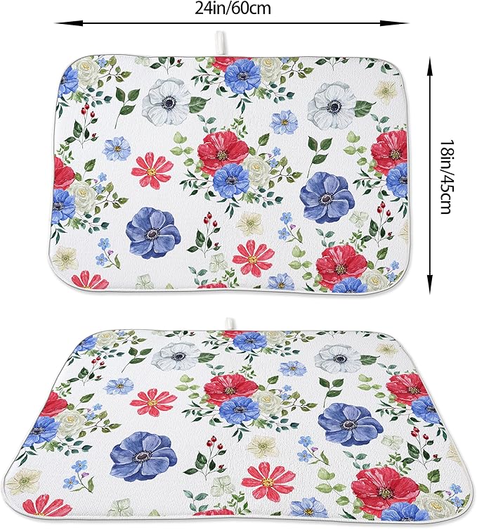 Blue Red Floral Dish Drying Mats 18x24 Inch Independence Day Flower Drying Mats - Image 2