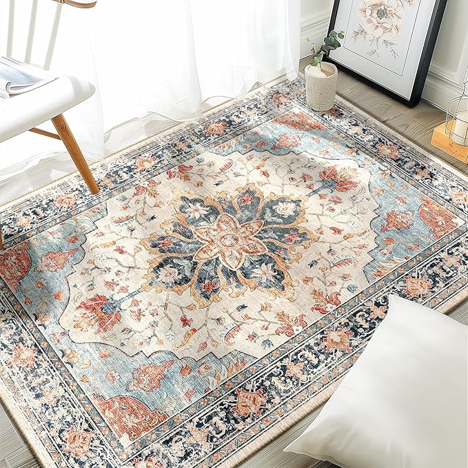RELEANY Area Rugs 3'x5' Washable Non-Slip, Floral Vintage Distress Print - Image 2