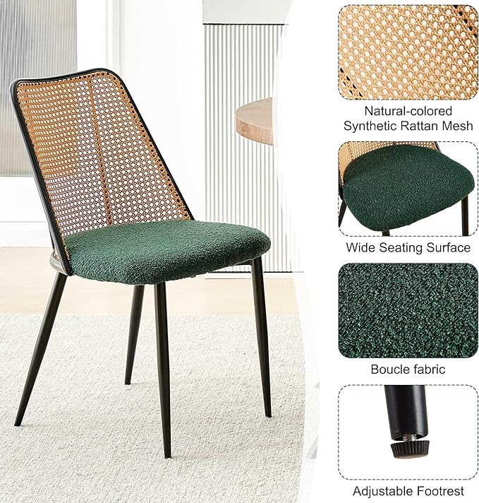 Green Dining Chairs Set of 4, Upholstered Home Kitchen Chairs Woven Rattan Ba...