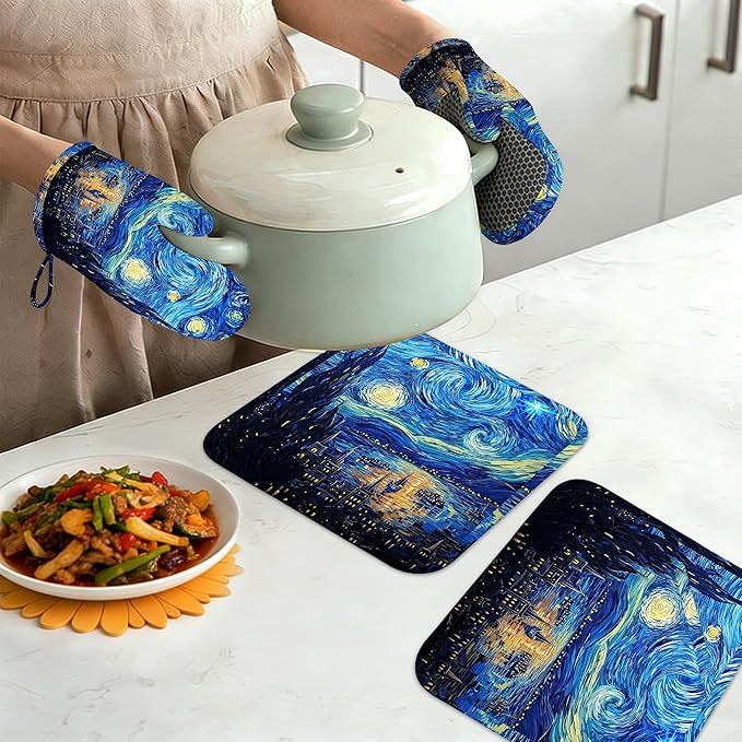 Starry Night Oven Mitts and Pot Holders Set of 4, Heat Resistant Non Slip - Image 7