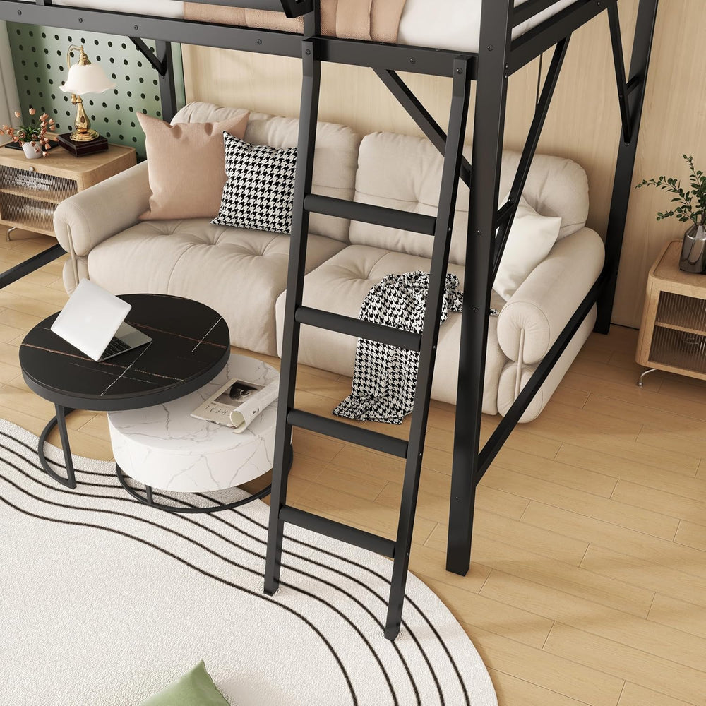 Full Size Metal Loft Bed Frame with Ladder and Built-in Storage Shelves, for ...