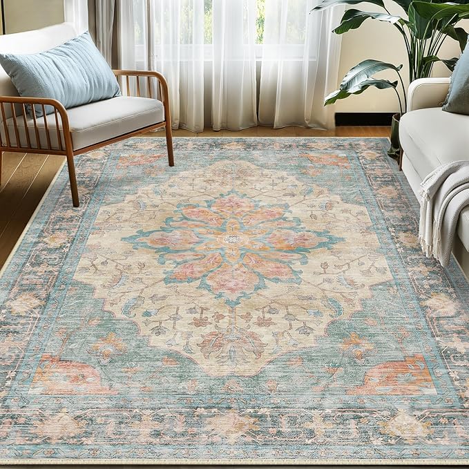 RELEANY Area Rugs 5'x7' Washable Non-Slip, Floral Vintage Distress Print - Image 2