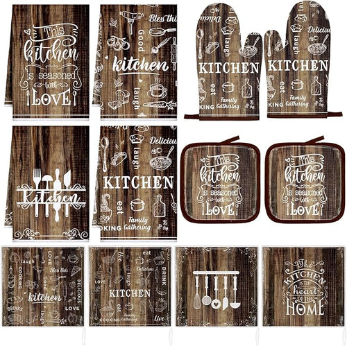 12 Pcs Farmhouse Kitchen Oven Mitts and Pot Holders Decor Sets 4 Wood Kitchen by Bencailor