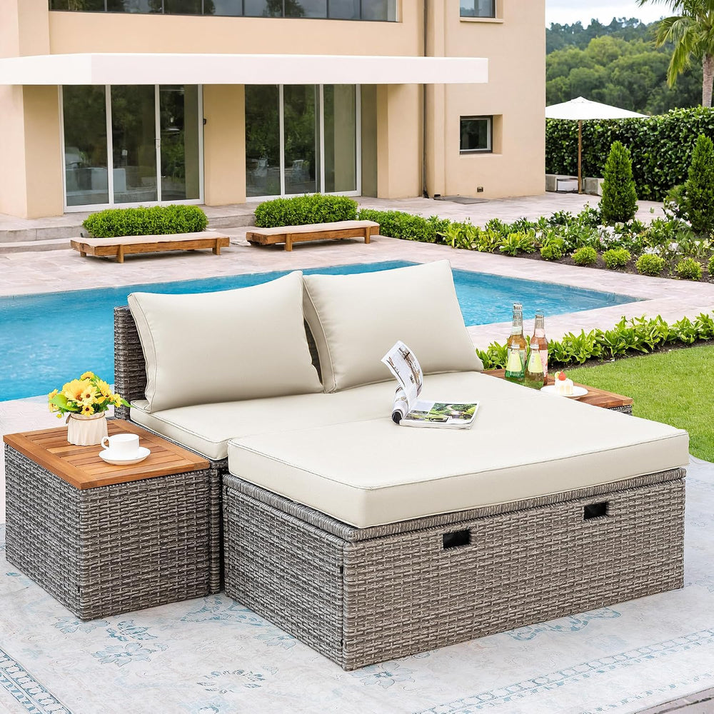 Flamaker Outdoor Rattan Daybed with 2 Side Tables, Wicker Patio Sofa