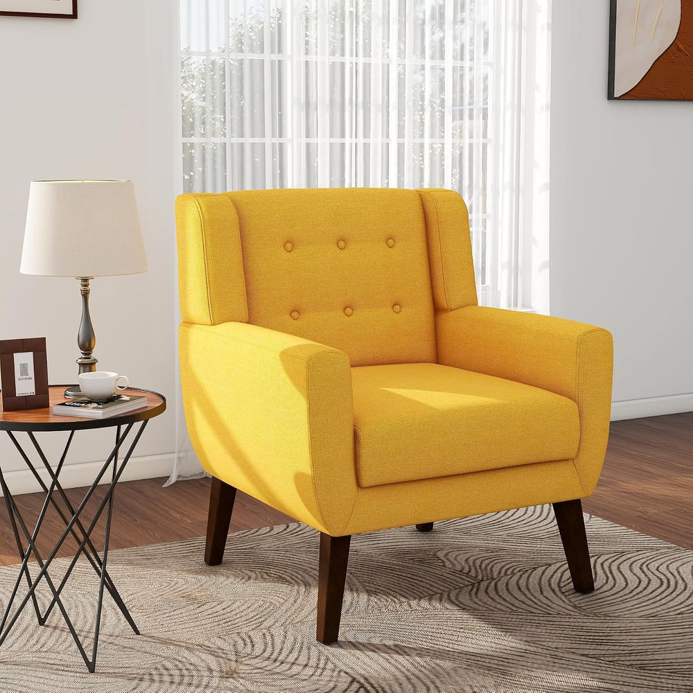Mid Century Modern Button Tufted Yellow Accent Armchair for Living Room