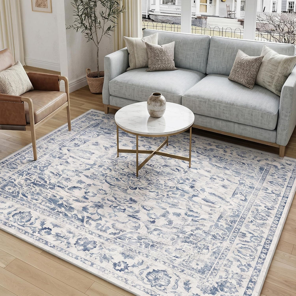 5x7 Washable Area Rug Blue Vintage Living Room Carpet Non-Slip Low Pile
