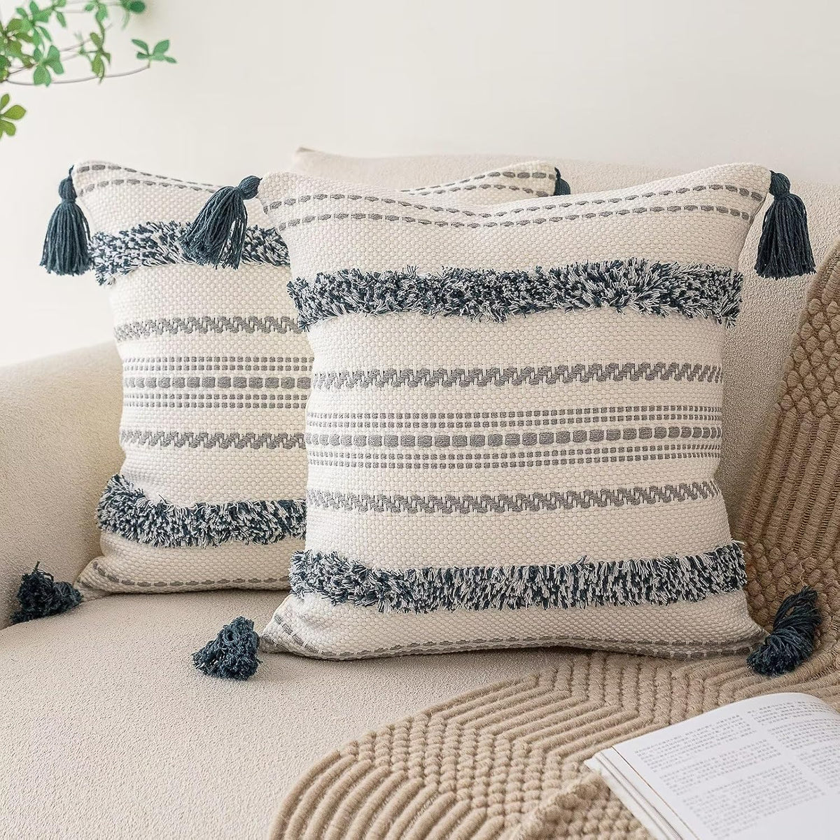 buiovbey boho throw pillow covers woven tufted pillow shown in use